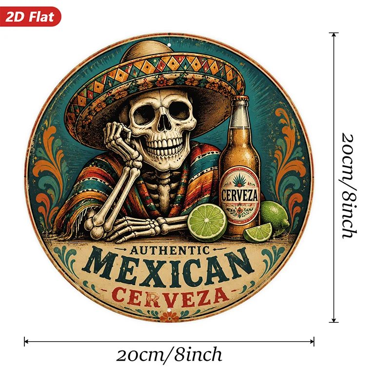2D Flat, 1pc Fiesta Skeleton Beer Round Metal Sign Wall Art, Home Decor, Authentic Mexican Wording, Ideal for Bedroom Garden Stu