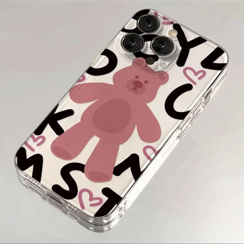 Ins الكورية جميل الوردي الدب قضية الهاتف آيفون 16E 16 15 14 13 12 11 برو XR XS ماكس 7 8 زائد SE 2020 لينة مكافحة سقوط جراب هاتف