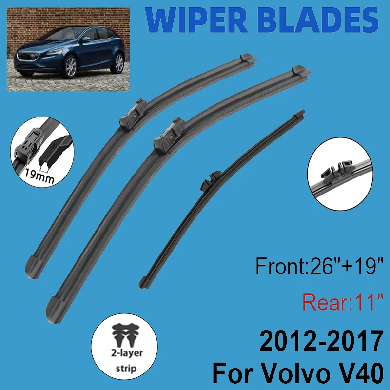

3Pcs Front Rear Wiper Blades 26"+19"+11", Windscreen Window Replacement Parts For Volvo V40 2012-2017 2013 2014 2015 2016