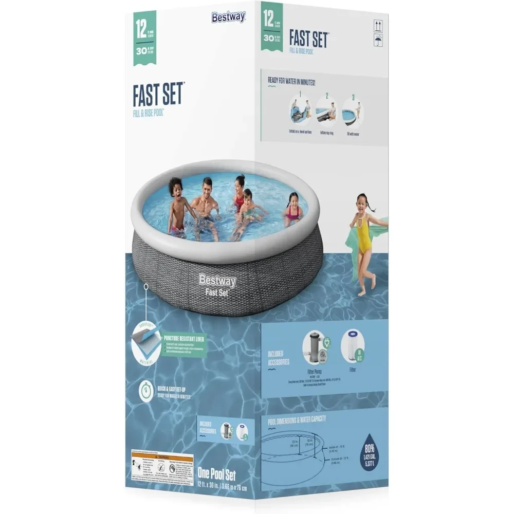 Fast Set Inflatable Pool Set (12' x 30") | Rattan Print | Round Above Ground Pool