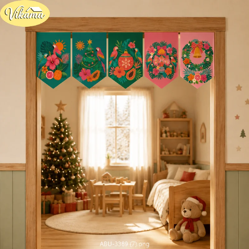 VIKAMA Tropical Style Christmas Triangle Banners Parrot Flower Christmas Tree Triangle Banner Curtain Door Frame Home Decor