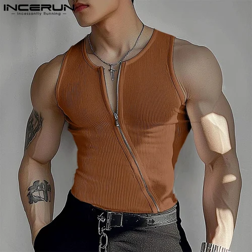 Imagen 2 del producto INCERUN, camisetas sin mangas para hombre, Color sólido, tejido con cremallera, chalecos sin mangas para hombre, ropa de calle de verano ajustada, ropa de moda para hombre 2025, S-3XL