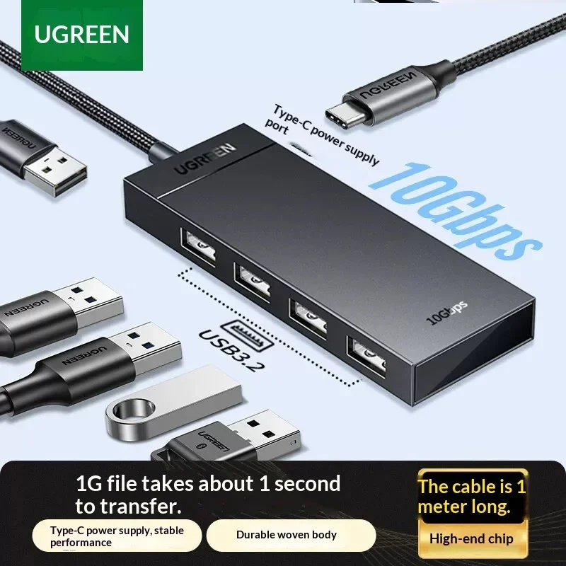 UGREEN 35884 USB 3.2 Gen 2 4-Port USB-A Hub 10Gbps Data Splitter 1m Cable with USB-C Power Input