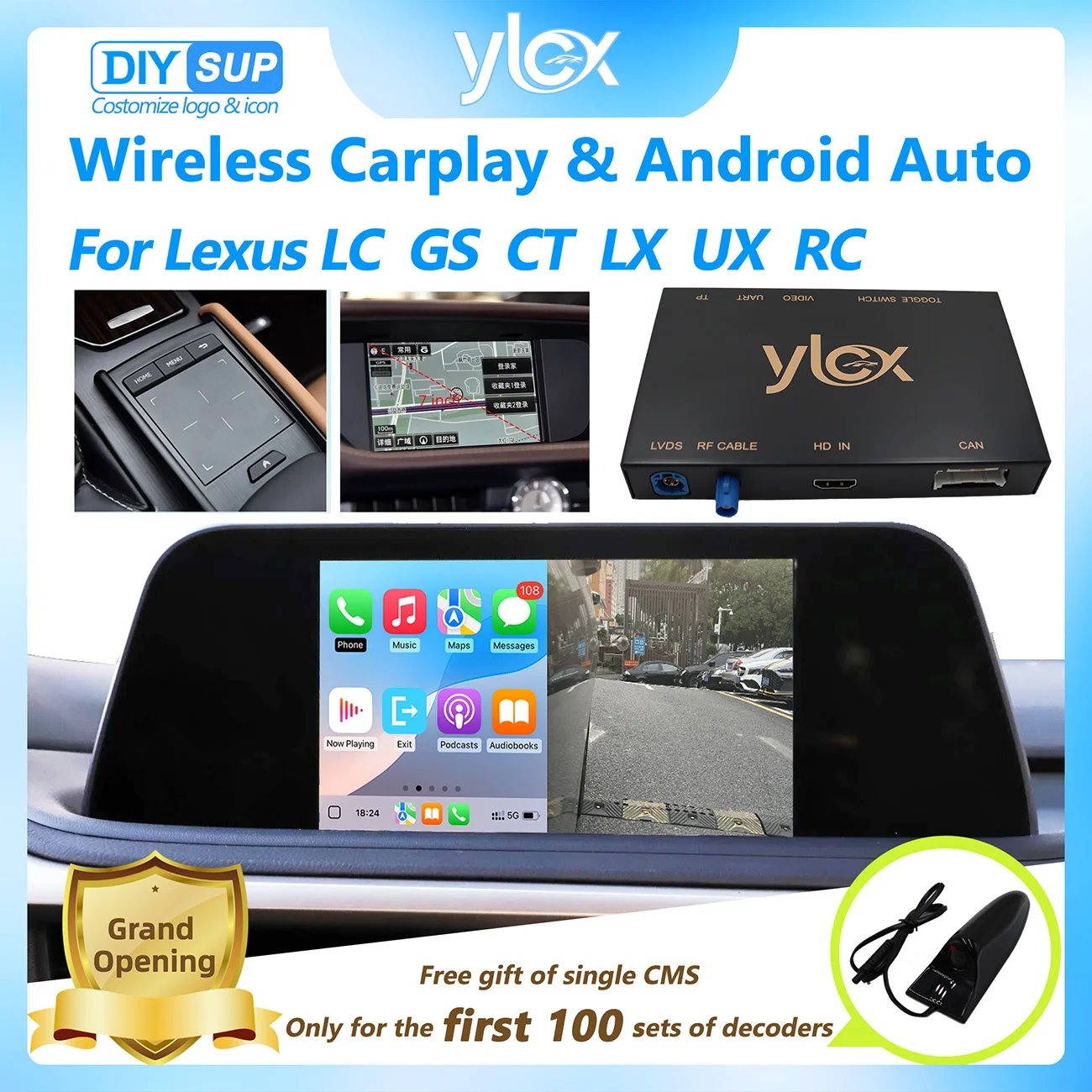 

YLCX Wireless CarPlay for Lexus LC GS CT LX UX RC big touchpad, with Android Auto Car Play Functions CMS support YT NF