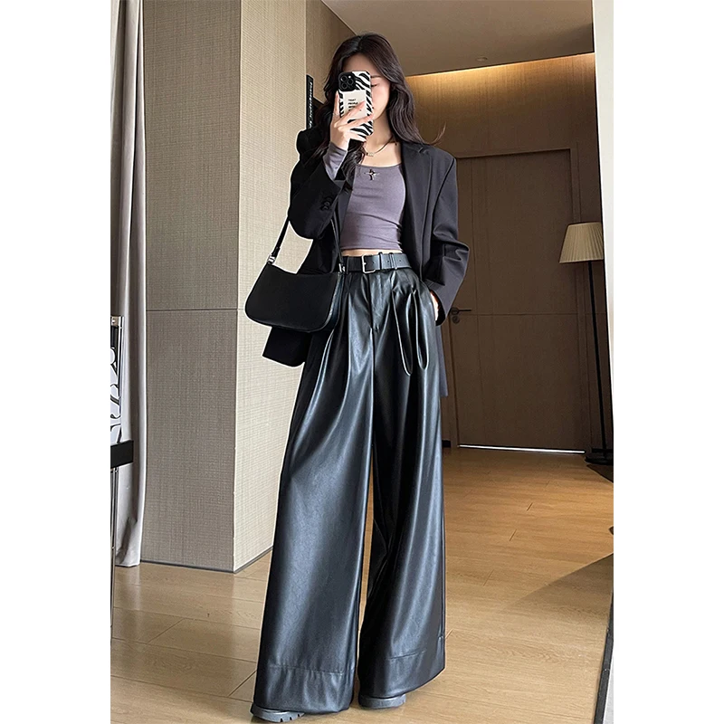 MEXZT أسود بولي Leather جلد بنطال ذو قصة أرجل واسعة النساء الشارع الشهير حزام فضفاض الأحمر دعوى السراويل الشتاء Harajuku الكورية عادية مستقيم بنطلون