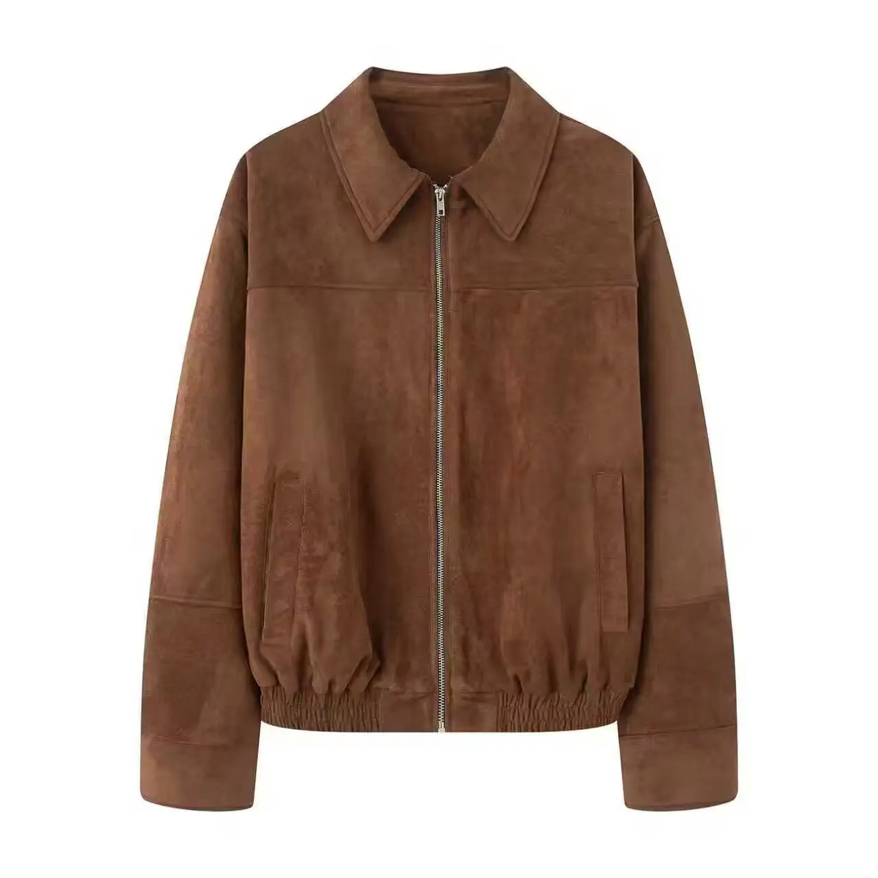 

2025 женская осенняя однотонная замшевая куртка-бомбер с лацканами и длинными рукавами, верхняя одежда для повседневной одежды, уличный стиль, повседневная одежда