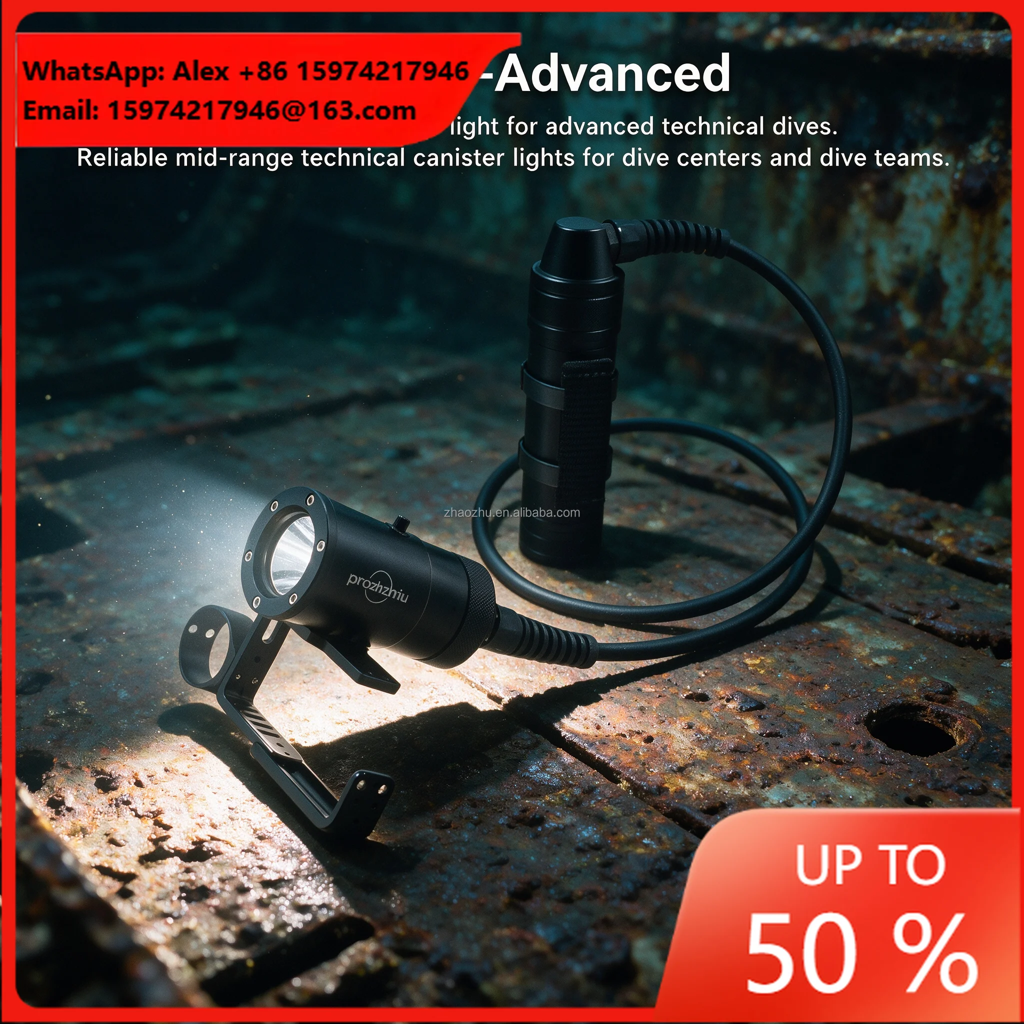 4000LM Sidemount Canister Dive Torch 150M IP68 Sealed Mag Switch Rechargeable High/Medium/Low 2-13H Runtime PROZHAOZHU