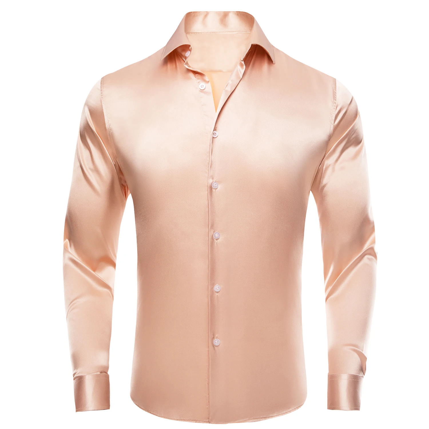 Hi-Tie Salmon Champagne Solid Satin Silk Mens Shirts Lapel Collar Long Sleeve Dress Shirt Soft Blouse for Male Wedding Business