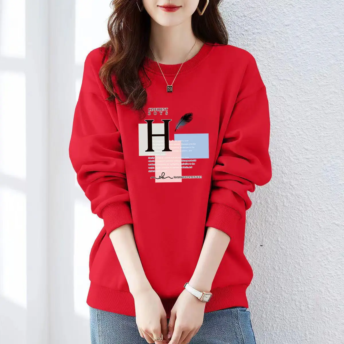 Women Clothing Letter Printed Pure Cotton Sweatshirts Autumn Winter Loose Large Version Long Sleeve Hoodies O-neck Pullover Tops