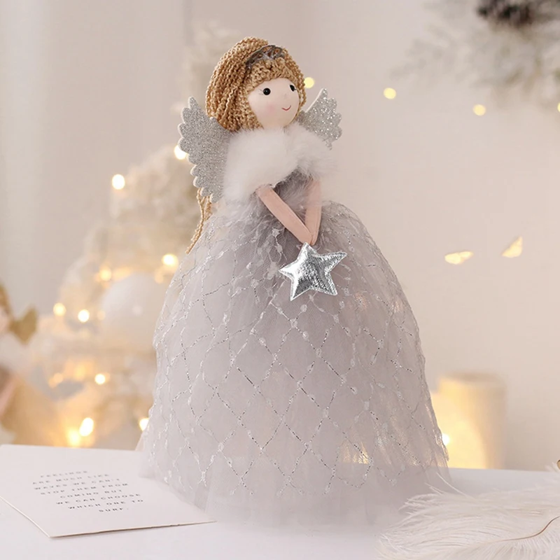 Angel Christmas Tree Topper Ornament with Wing and Lace Dress Xmas Trees Topper Star for Home Holiday Party Christmas Decor