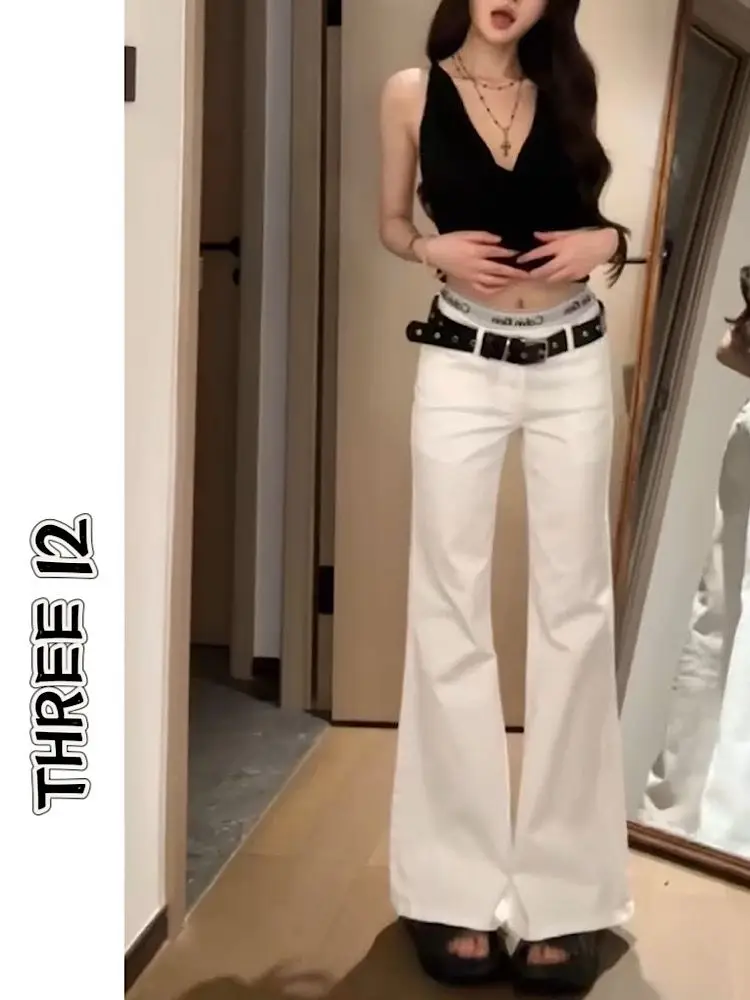 

Американские джинсы-клеш с низкой посадкой, свободного кроя, белые, для женщин, весенняя новинка, повседневные, из эластичного хлопкового денима