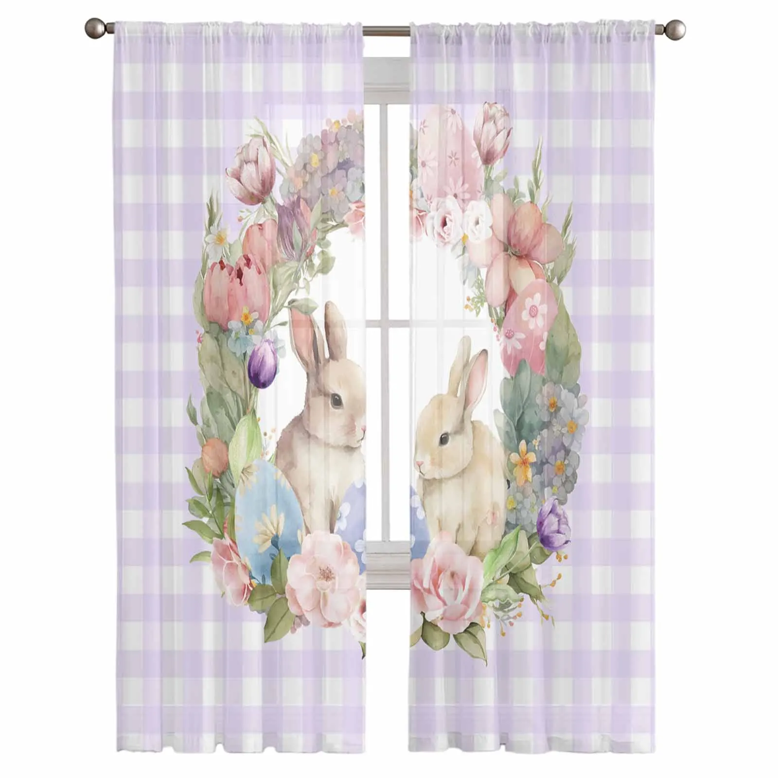 Easter Eggs Bunny Flower Plaid Voile Curtains for Bedroom Window Tulle Curtain for Living Room Sheer Blinds Drapes