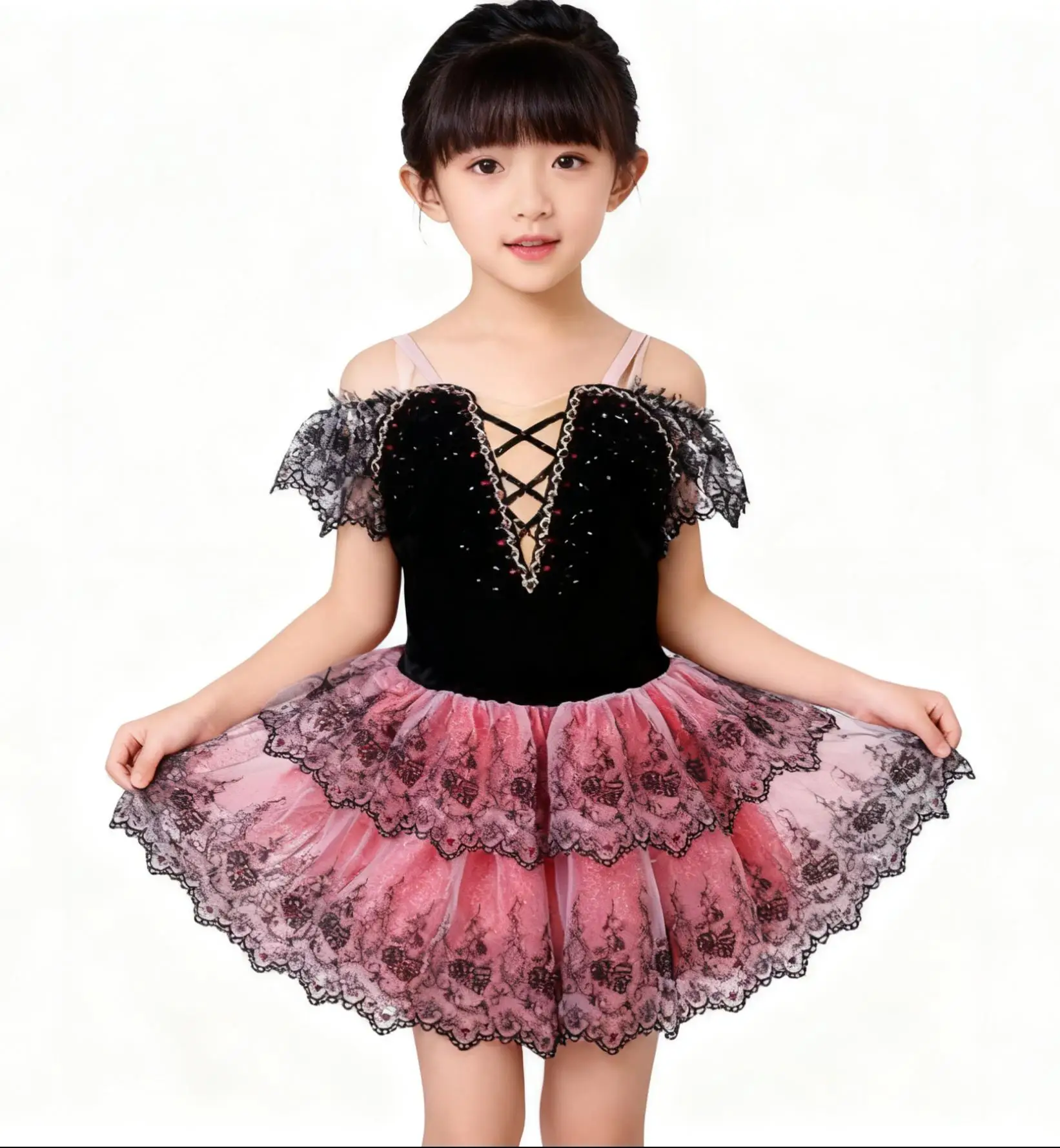 카르멘 변형 발레 드레스 어린이 전문 발레 튜튜스 소녀 공연용 검정 빨강 대회 의상 발레리나