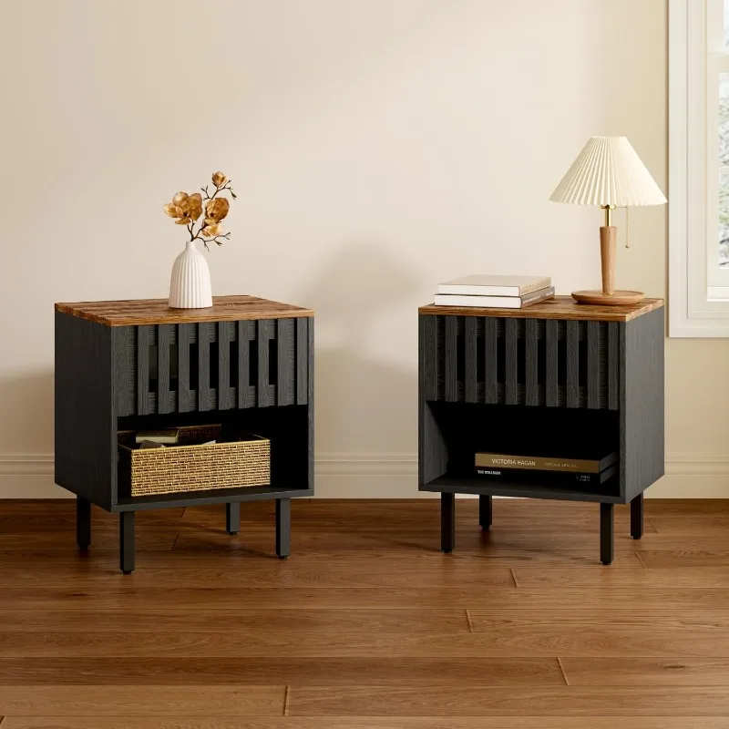 

Набор из 2 тумбочек, современные прикроватные тумбочки середины века с решетчатым декором ящика и металлическими ножками, торцевые столики для спальни