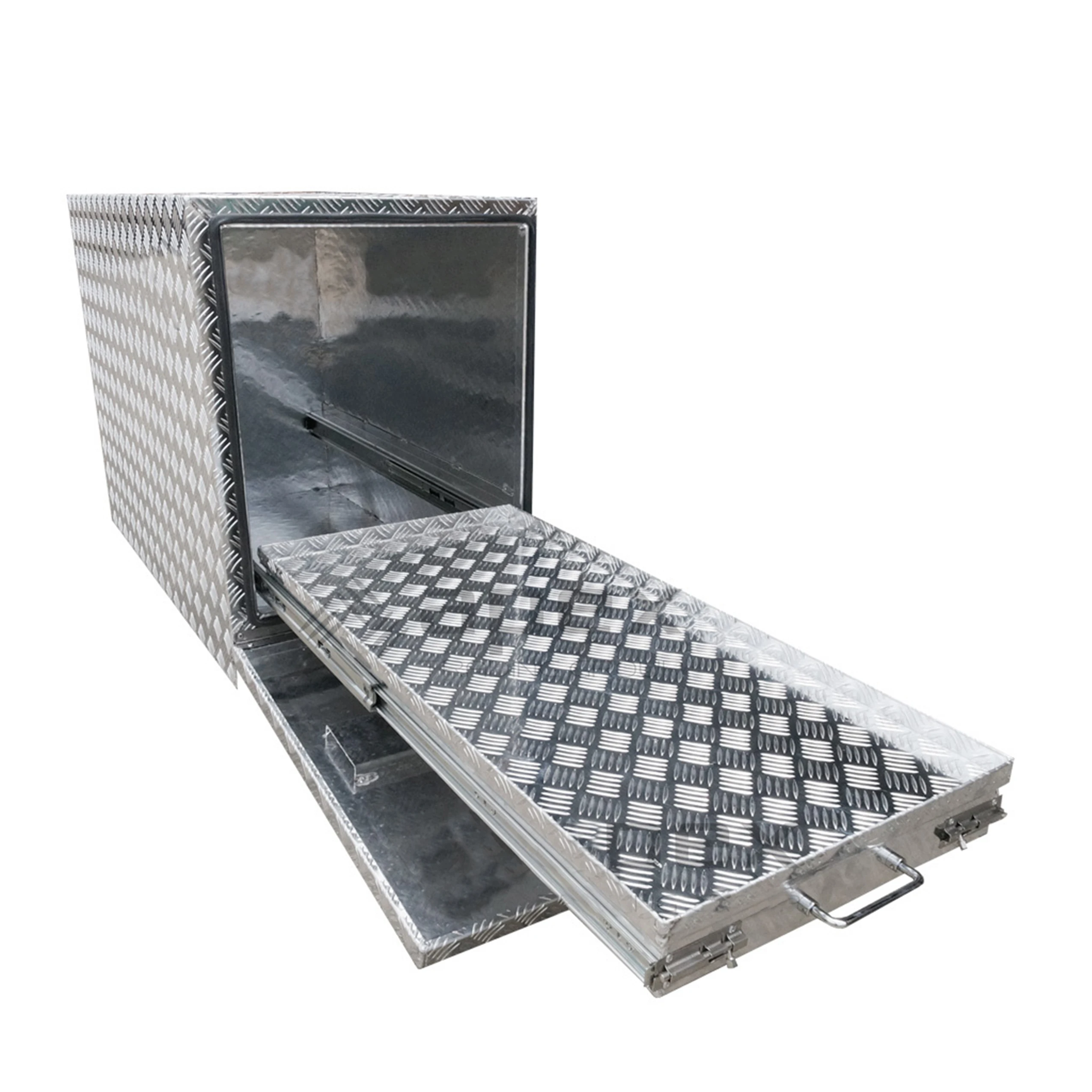 Caja de herramientas de aluminio para camioneta con apertura lateral completa, personalizada para exteriores, con 2 cajones, para remolque de caja de camioneta, caja de herramientas de 12 pulgadas con escalón