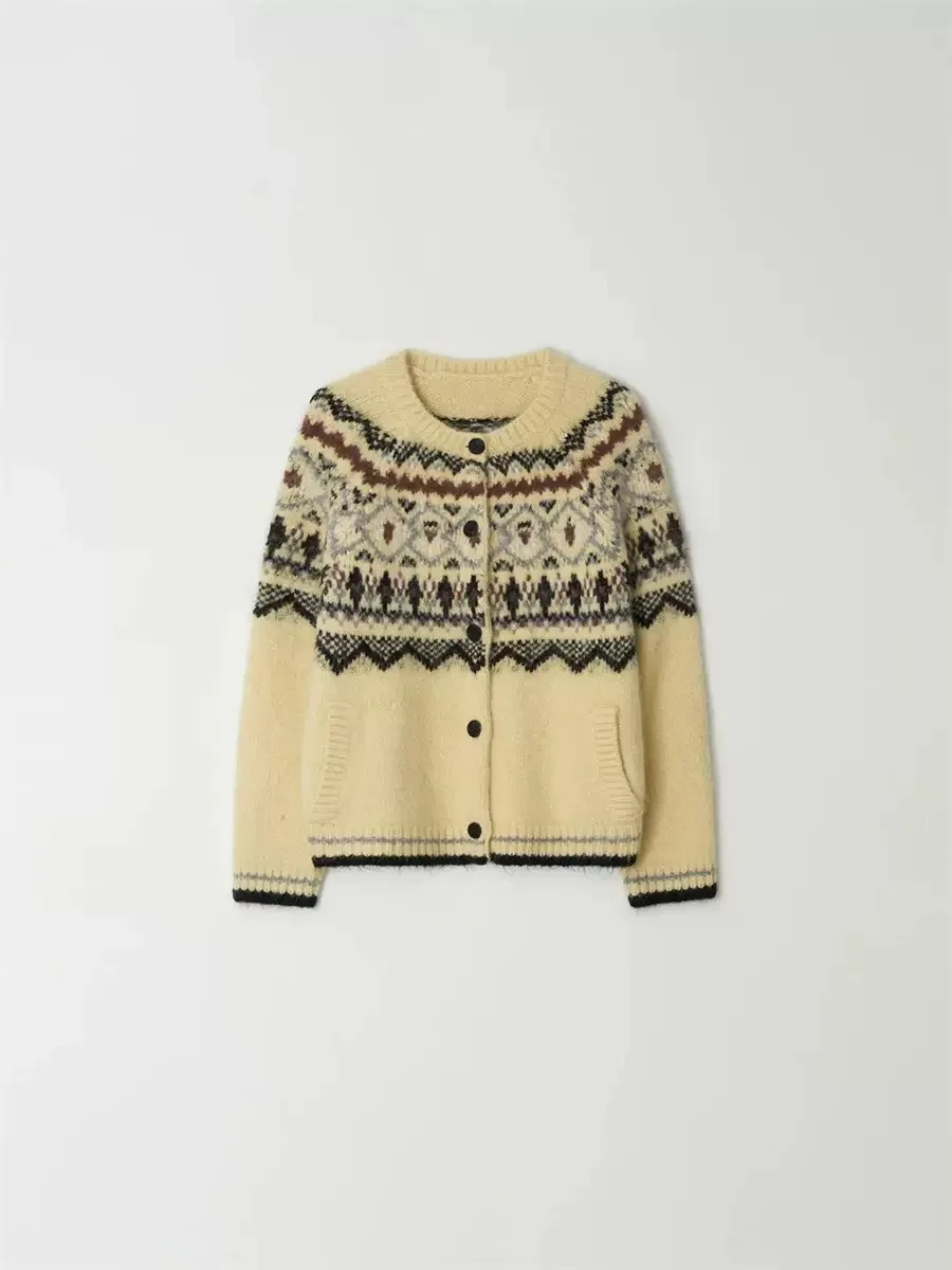 

Теплый вязаный свитер Thi с кардиганом на пуговицах Nordic Sle Atelier PREON Уютный цветочный узор Длинный свек круглый Ne Winte...