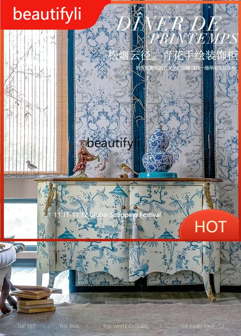 

L French Chinese style decorative cabinet blue and white hand-painted imported locker D80