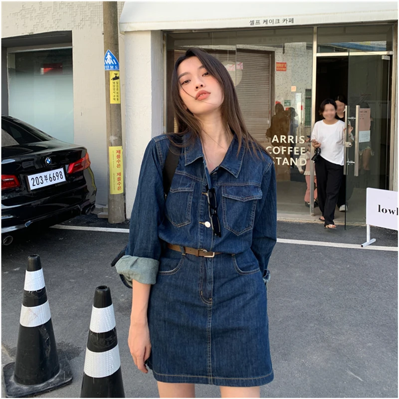Vintage Denim Dress For Women Spring Summer Long Sleeve Slim Fit Short Jean Dress Chic Female Casual Mini Dress Street wear