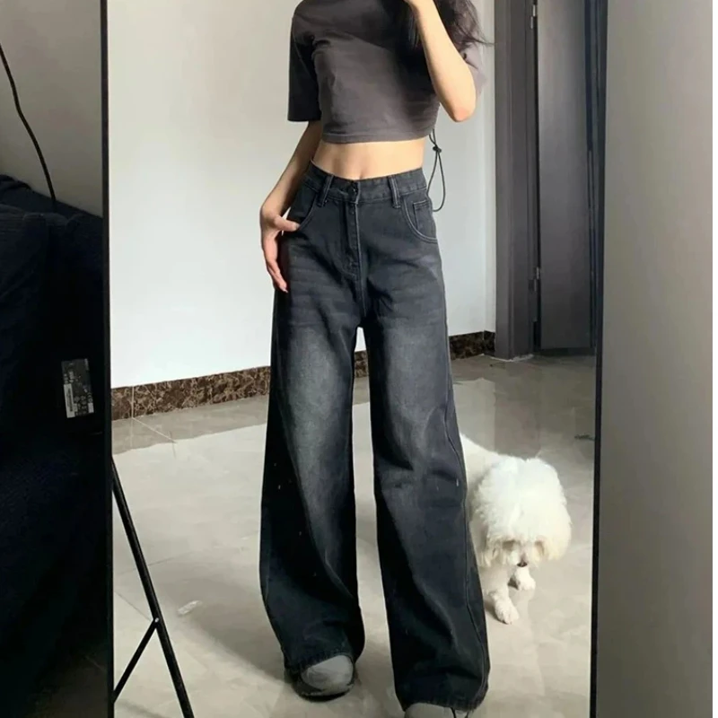 

Широкие женские джинсы свободного кроя с высокой талией, эластичные, комфортные, струящиеся брюки, черные, серые, повседневные, весна-лето, новинка