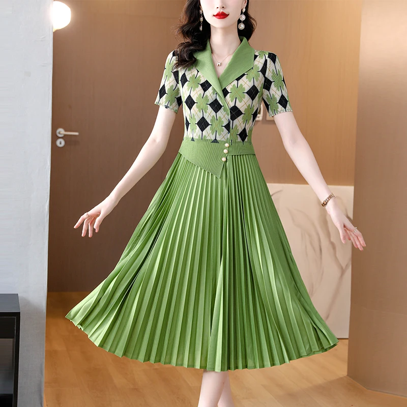 

2023 New Spring Retro Print Pleated Long Maxi Vestidos Femininity Small Stand-up Collar Puff Sleeve Slim Holiday Dress C293