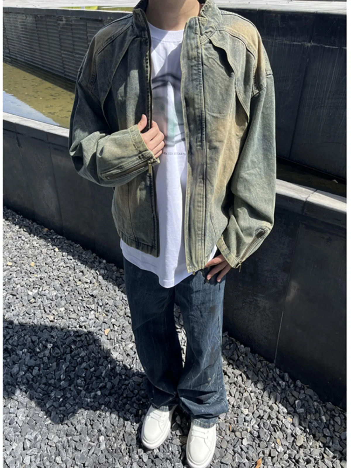 

Blue Waed Denim Jaet Men's Spring Autumn Sle Deconstructed Design Cool American High Street Workwear Jaet