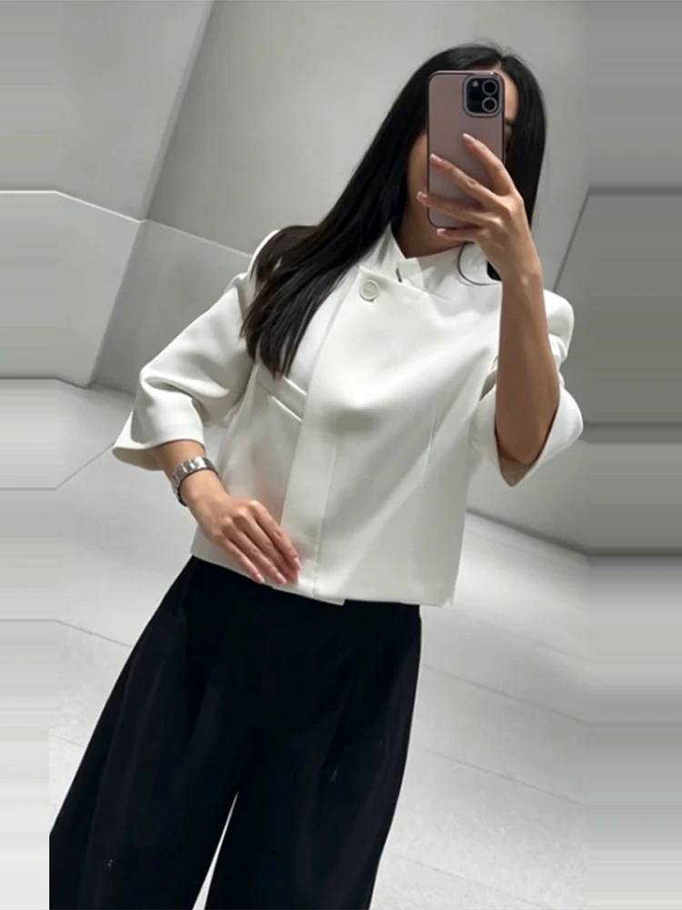 Damenmäntel mit Umlegekragen, kurzen Ärmeln, seitlicher Knopfleiste, einreihig, kurze Anzugjacke, modisch, für Büro und Party, neu – Detail 34