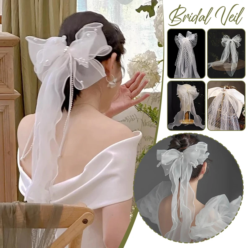 

Милый головной убор невесты, заколка для волос с жемчужным узлом-бабочкой, белый тюль, реквизит для фотосъемки, простые элегантные двухслойные свадебные аксессуары