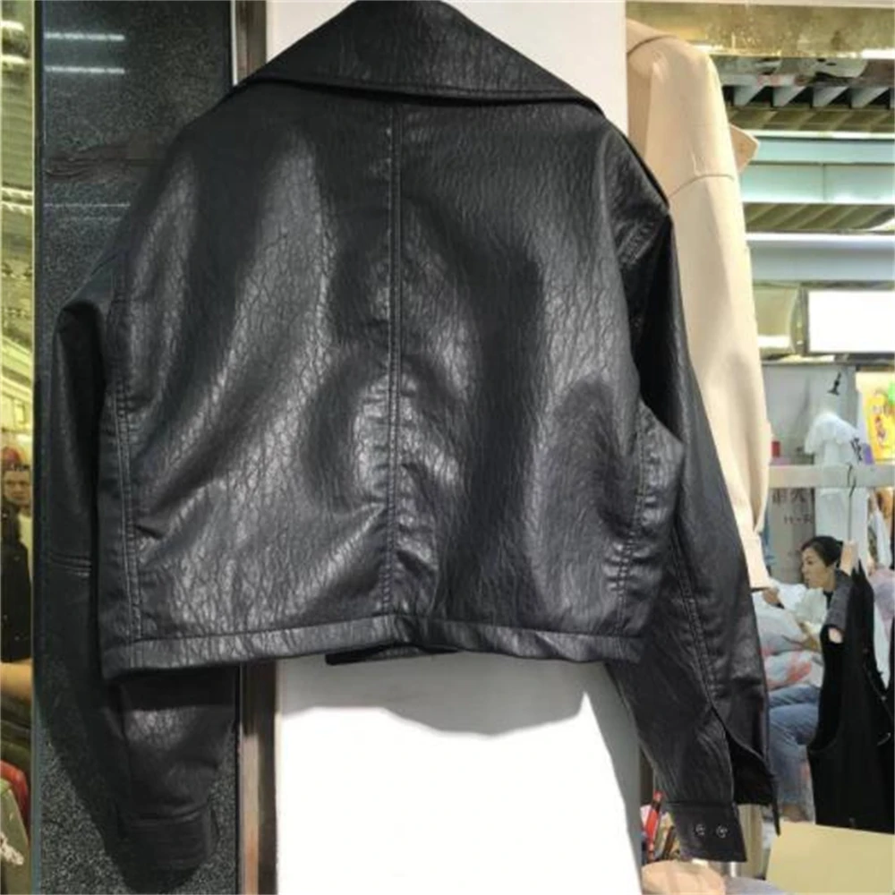 Women's Faux Leather Biker Jacket Black Coat Turndown Collar PU Motorcycle Jackets Loose Streetwear Outerwear Spring Tops New