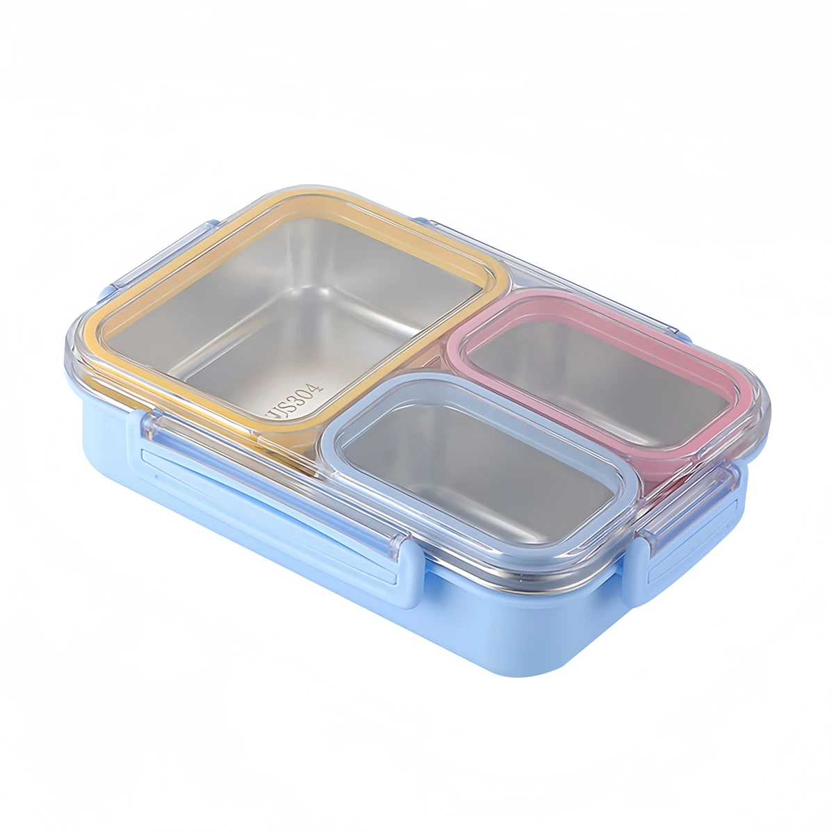 

Stainless Steel Lunch Box Kitchen Snack Food Container Lunch Box 24.5x17.5x6cm Three Compartments With Silicone Seals Lids