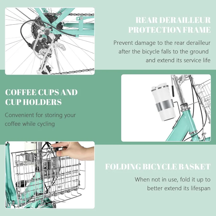 دراجة كروزر الشاطئ للنساء 24 26 بوصة 7 سرعات مع سلة قابلة للطي دراجة حامل فنجان القهوة المزدوج VType الفرامل مقعد قابل للتعديل