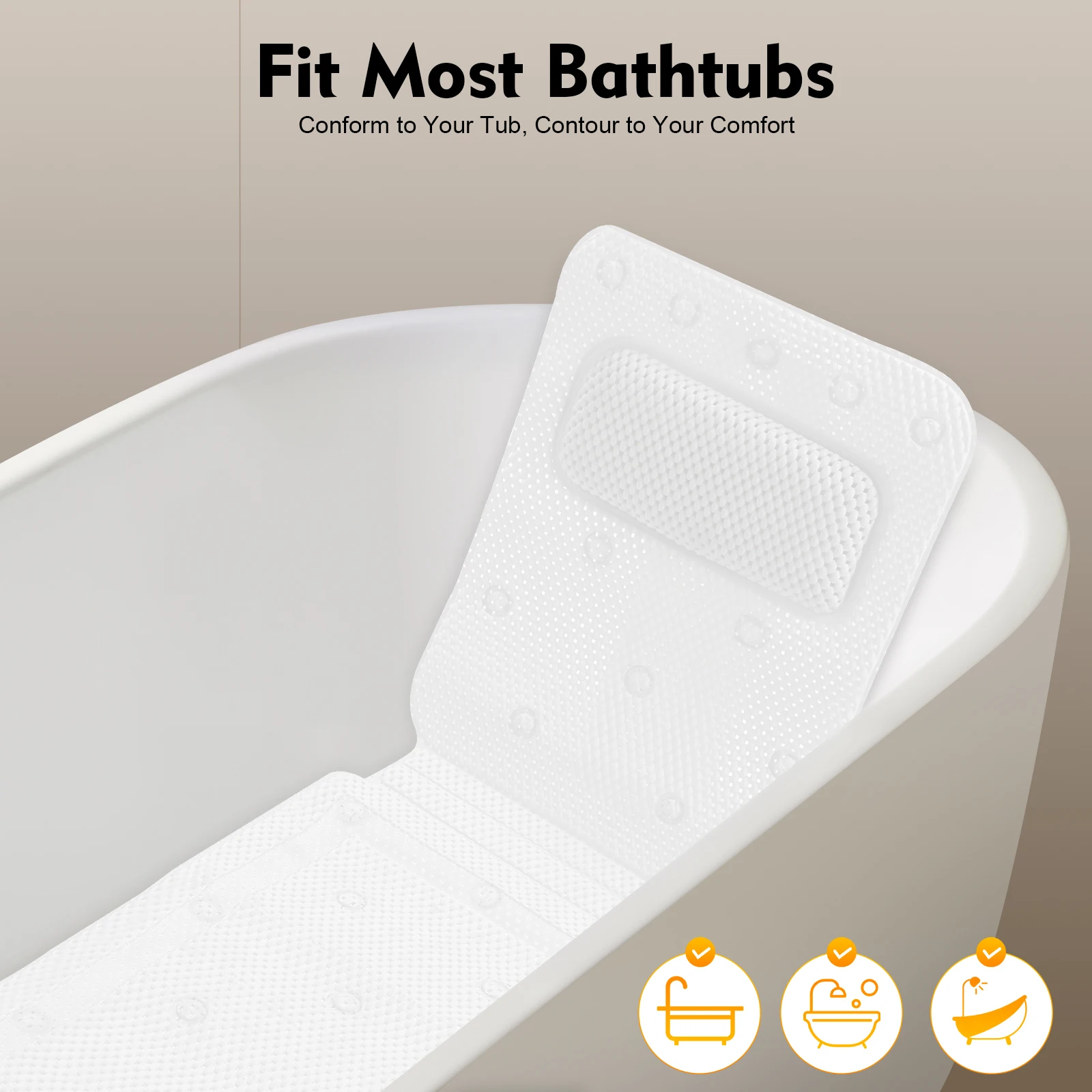 PVC Foaming Long Bathtub Shower Mat With Pillow Back & Drain Holes Bathmat for Bathtub  125*36cm Non-Slip Bathtub Mat