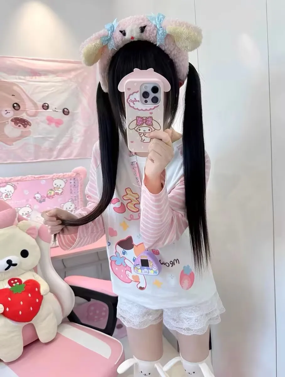 Harajuku الجرونج تي شيرت اليابانية المرقعة الوردي شريط عادية تيز الخريف الكرتون الطباعة Kawaii لطيف Y2k القمم الجمالية #3