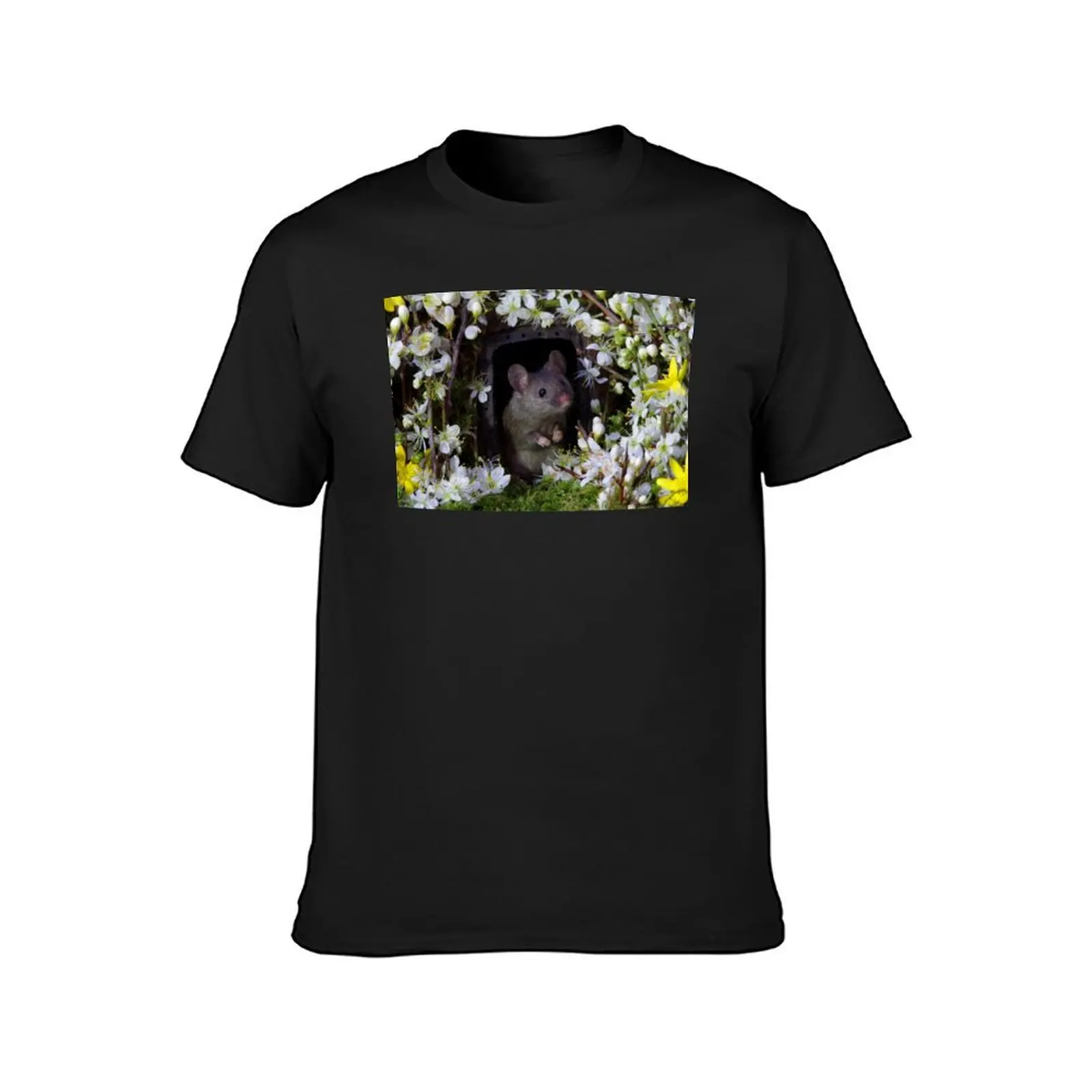 George the mouse in a log pile house - SPRING flowers T-Shirt summer top anime clothes plus sizes t shirt for men