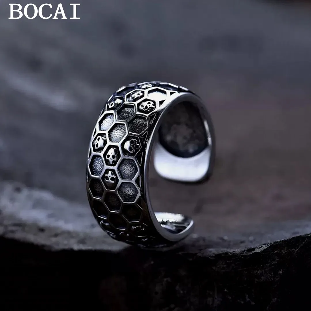 

BOCAI NEW S925 Sterling Silver Vintage Personality Skull Honeycomb Open Ring