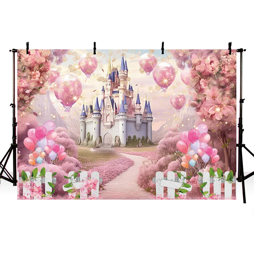 Mehofond Photography Background Spring Pink Balloons Princess Girl Birthday Party Floral Castle Wonderland Photo Backdrop Studio