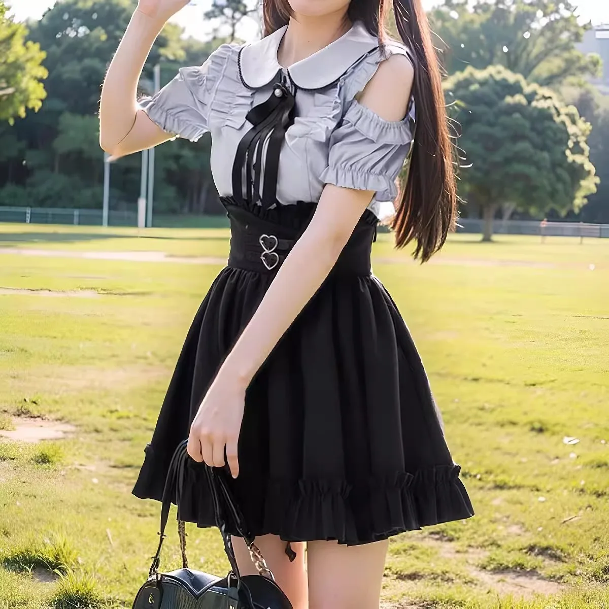 

Sweet and Cute Spring and Summer Doll Collar Off Shoulder Short Sleeved Shirt Top Waist Cinching Skirt Two-piece Set