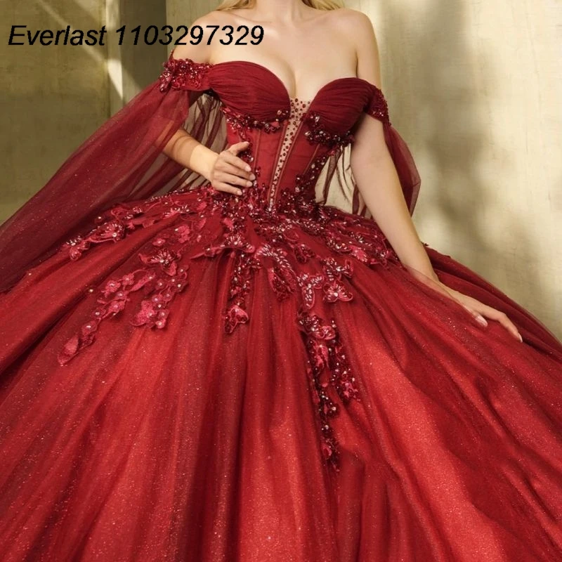 EVLAST-Vestido De Quinceañera De mariposa roja, apliques De cuentas De cristales con capa, corsé, dulce 16, 15 años, TQD547