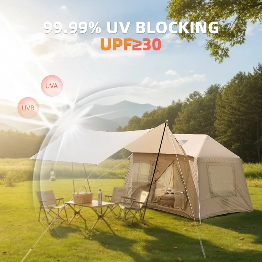 

Outdoor inflatable camping tent, 5.72m, cotton fabric, beige, windproof 4-season glamping tent with canopy, mesh windows, and p