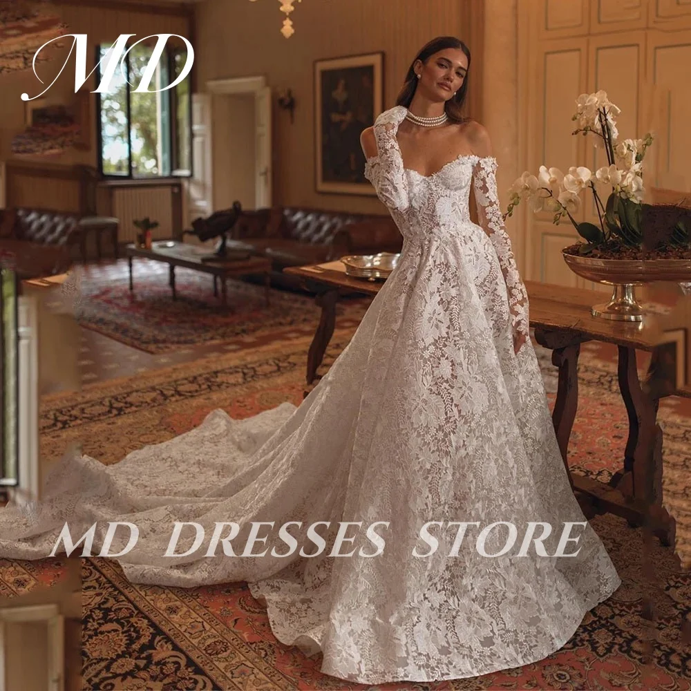 Md 2025 moderno a linha vestidos de casamento branco ajustável mangas completas rendas varredura trem vestidos de noiva vestidos de fiesta personalizado