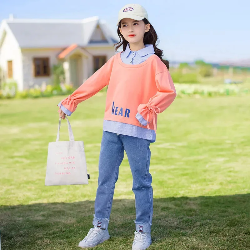 Autumn Children's Girls Hooded Clothes Set Sweater Top and Jeans Buttom Outfits Teenage Hoodies Pullover Sweatshirt Pant Suit