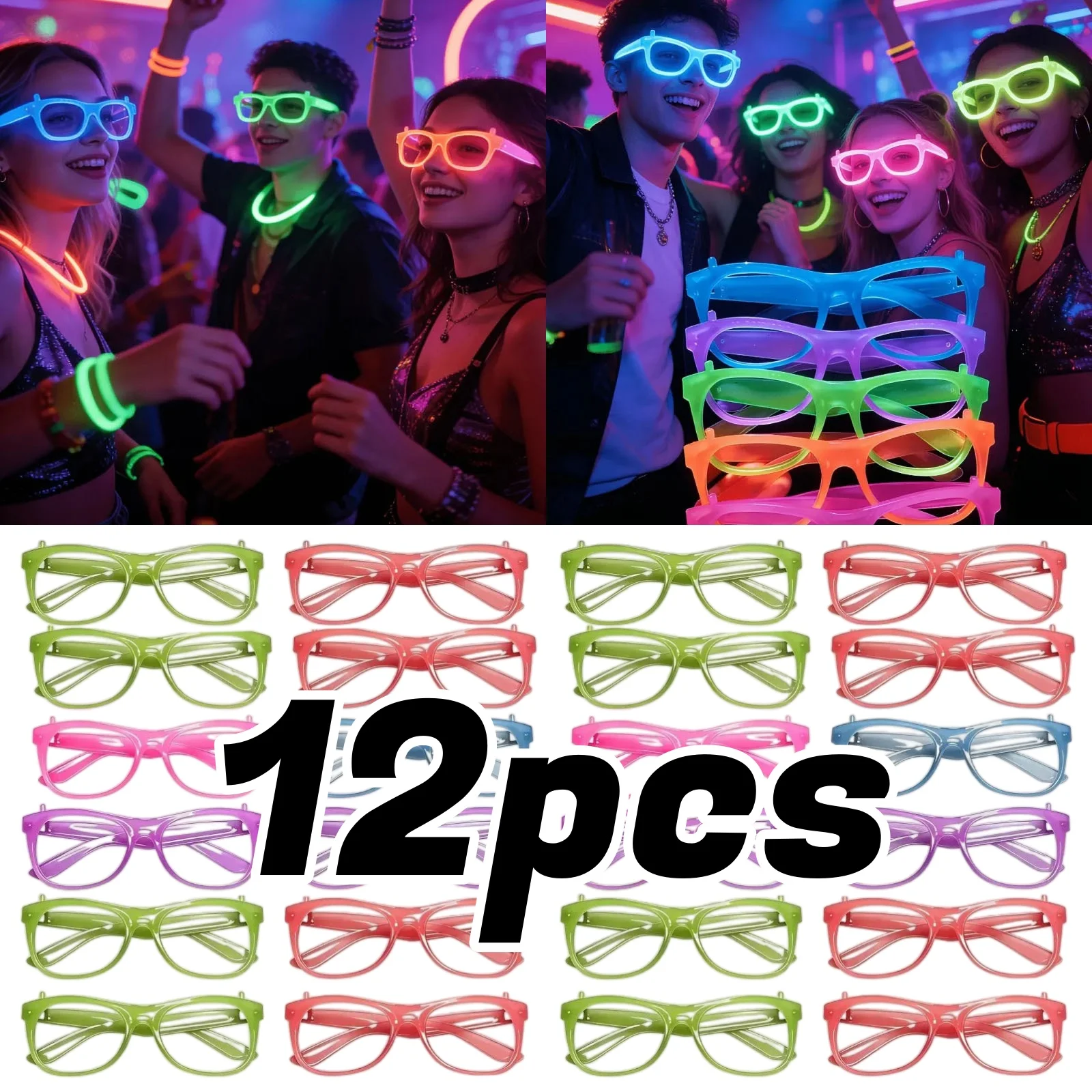 Glow In The Dark Party Glasses - 2/12pcs Glow-in-the-Dark Neon Glasses No-Lenses Luminous