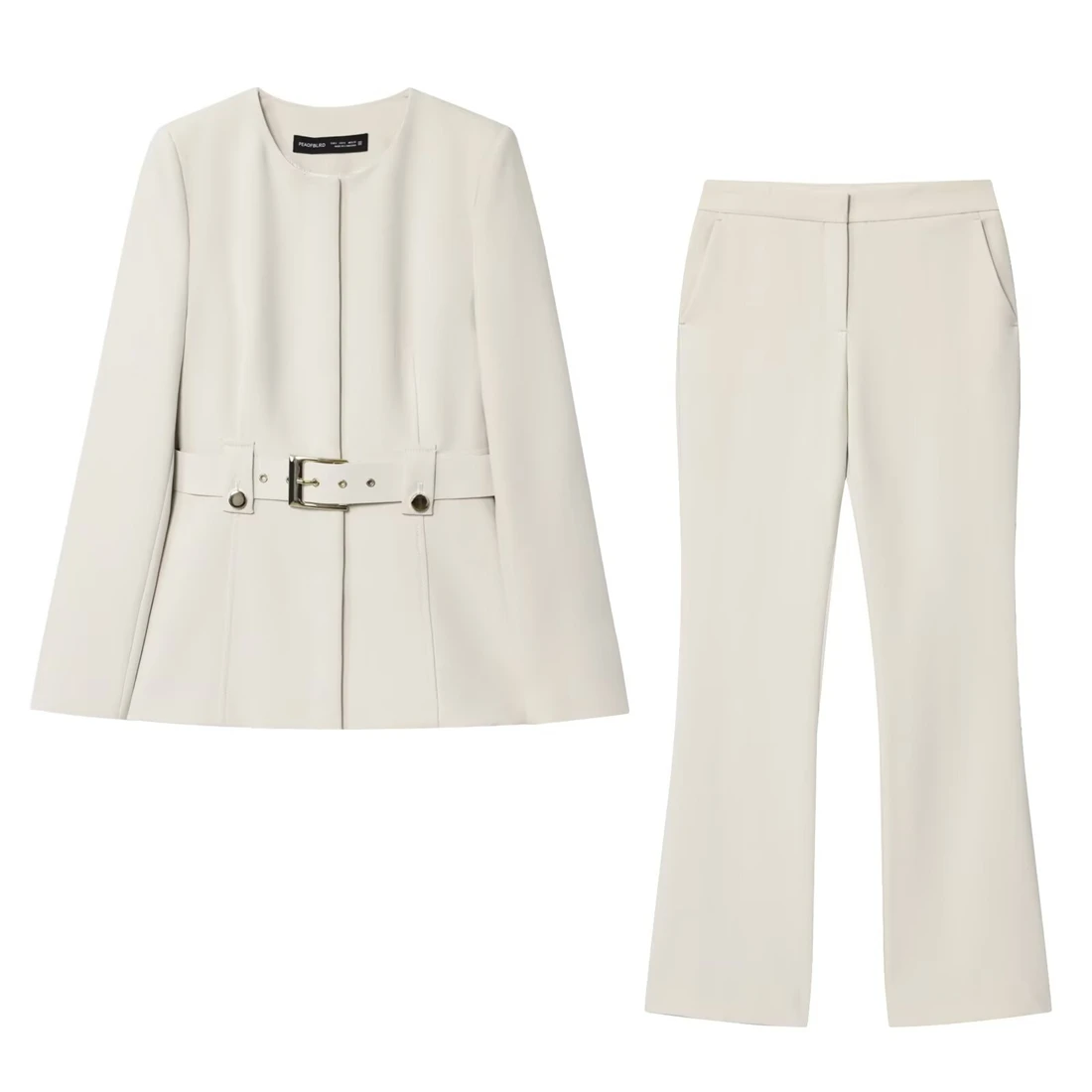 

Women's Light-Colored Suit Pantsuit Fitted Belted Blazer Flared-Leg Suit Pants - Professional Office Workwear