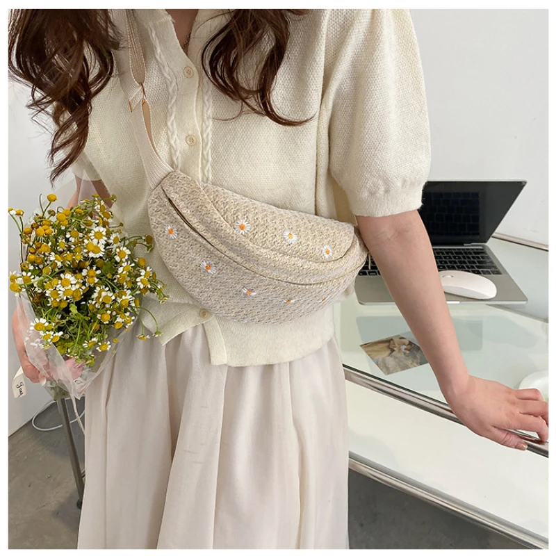 Women's Waist Bag Straw Woven Ladies Shoulder Crossbody Bags for Women 2023 Summer Fanny Pack Fashion Phone Female Chest Bag