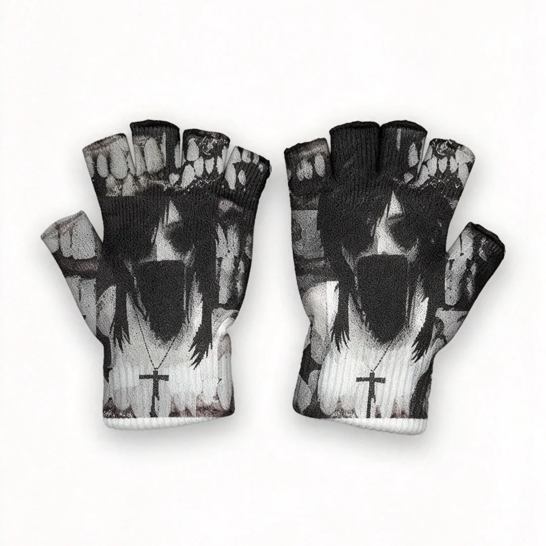 Gothic Dark Anime Print Fingerless Knit Gloves Women Alt‑Style Retro Half‑Finger Gloves