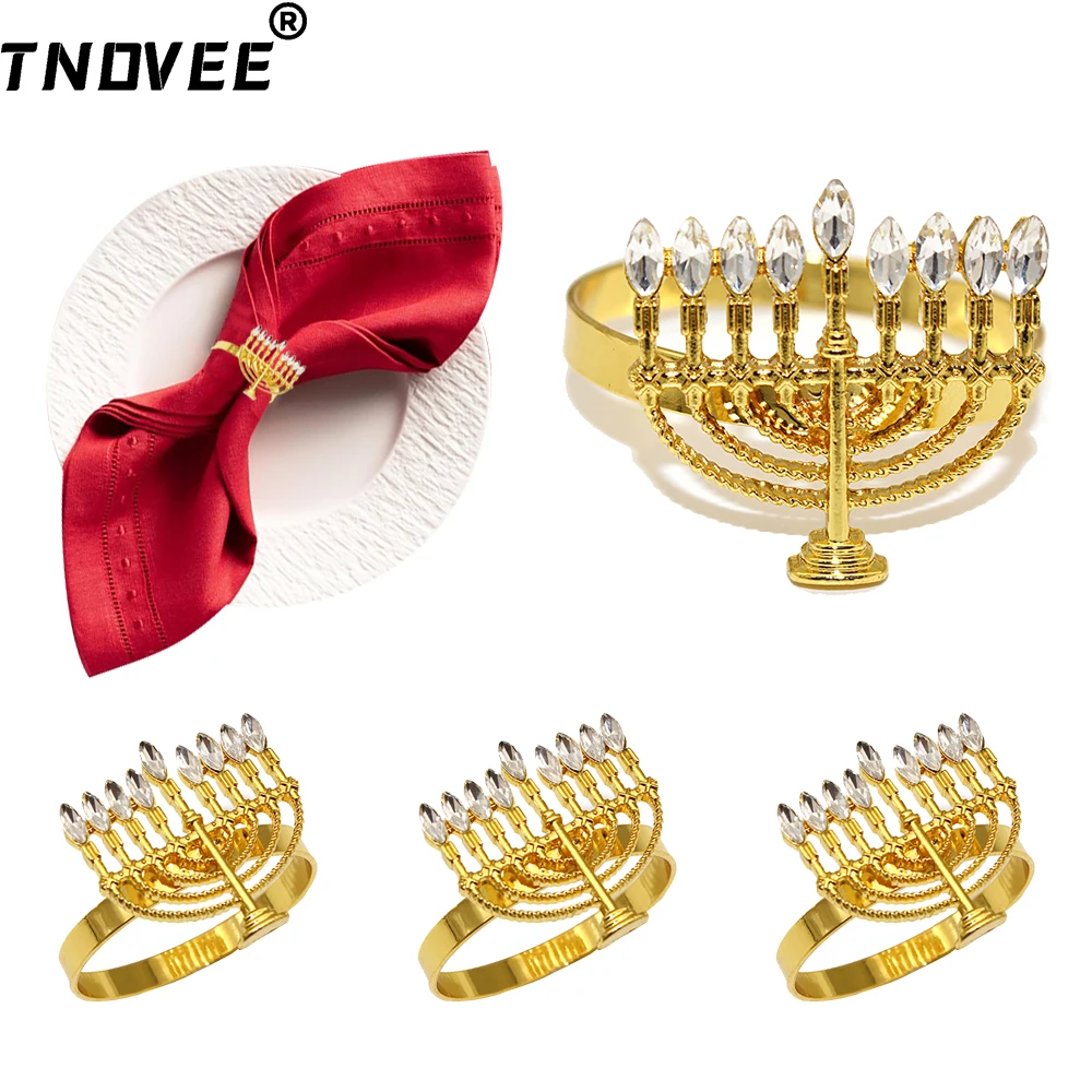 

8Pcs Rhinestone Candlestick Napkin Rings Menorah Napkin Holder Metal Serviette Buckles for Wedding Banquet Dinner Table Decor