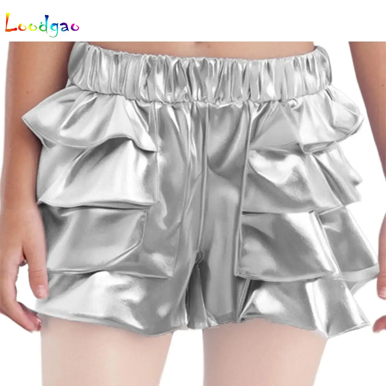 

Girls Hip Hop Metallic Silver Shorts Tiered Ruffle Shorts Kids Jazz Dance Wear Child Streetwear Street Dance Stage Costume