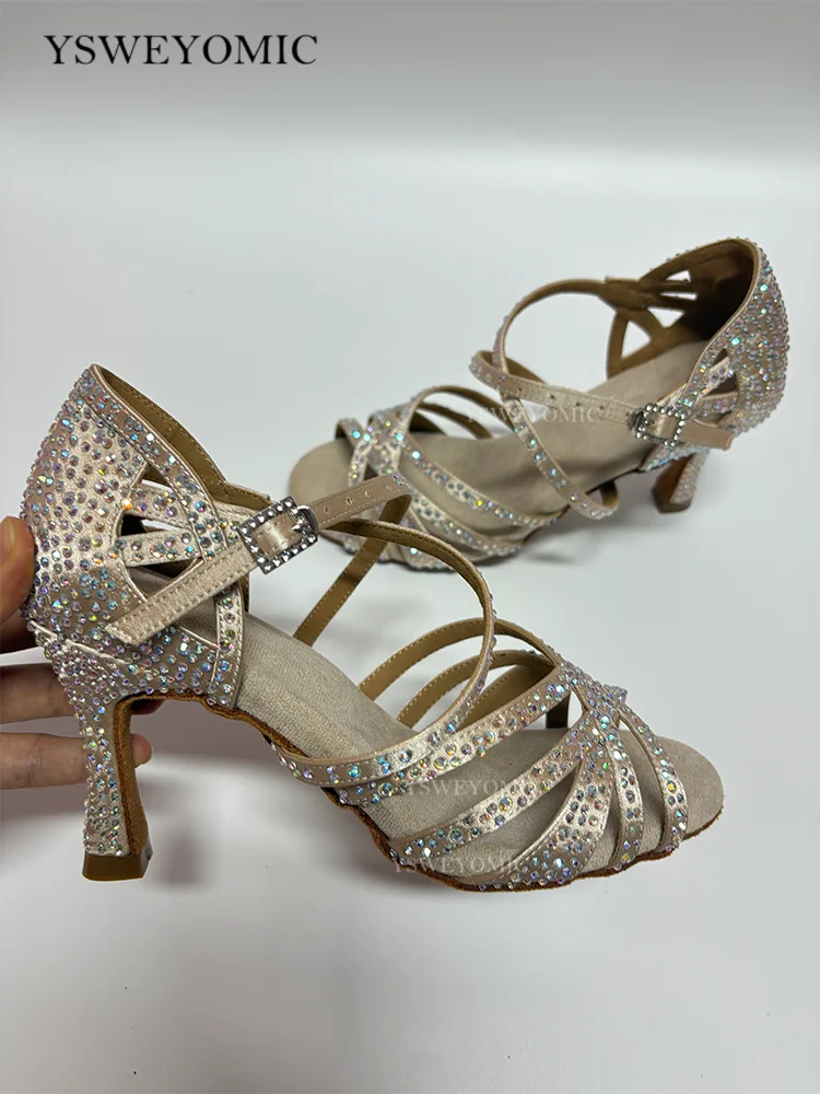 Scarpe da ballo latino Salsa da donna scarpe da ballo latino professionali stile strass lucido in suola Sude per competizione di danza