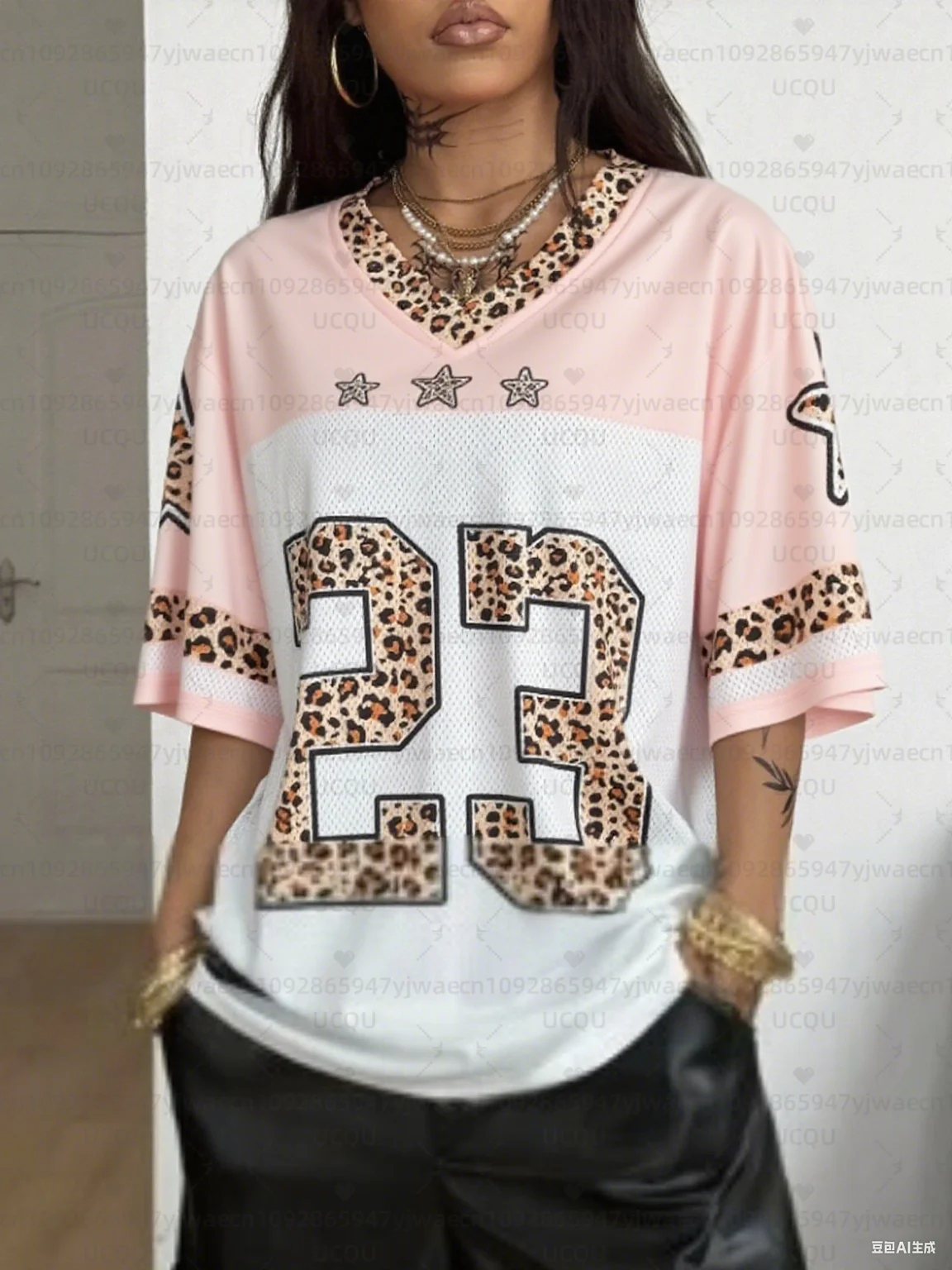 เสื้อยืดสปอร์ตคอวีลายเสือดาวสไตล์ Y2K สำหรับผู้หญิง รุ่น NO. เสื้อยืดตาข่ายแขนตกสไตล์ลำลองสำหรับฤดูร้อน 23 แบบ