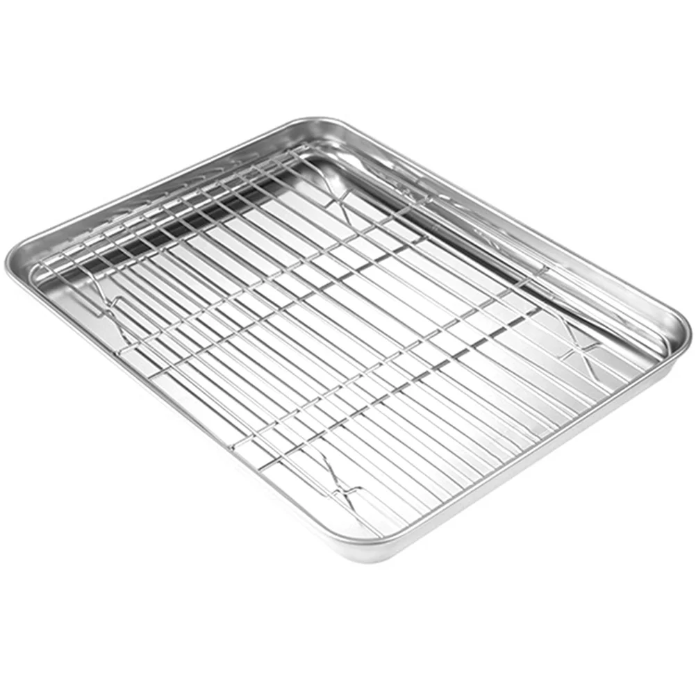 

1 set Stainless Steel Grill Plate 32x22cm Mesh Rack Oil Draining Pan Baking Cooling BBQ Food Display Home