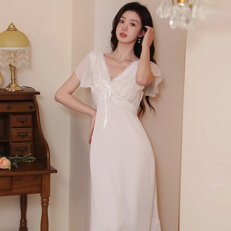 Women Short Sleeve Home Wears Satin Nightdress Sleepwear Summer Nightwear Sexy V-neck Nightgowns